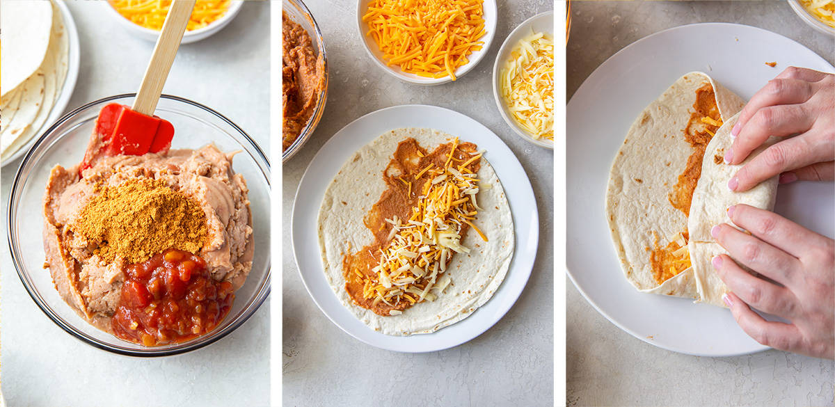 Three images showing a bowl filled with refried beans, salsa, and cheese, the mixture spread on a tortilla with rice, and hands rolling the tortilla into a burrito.