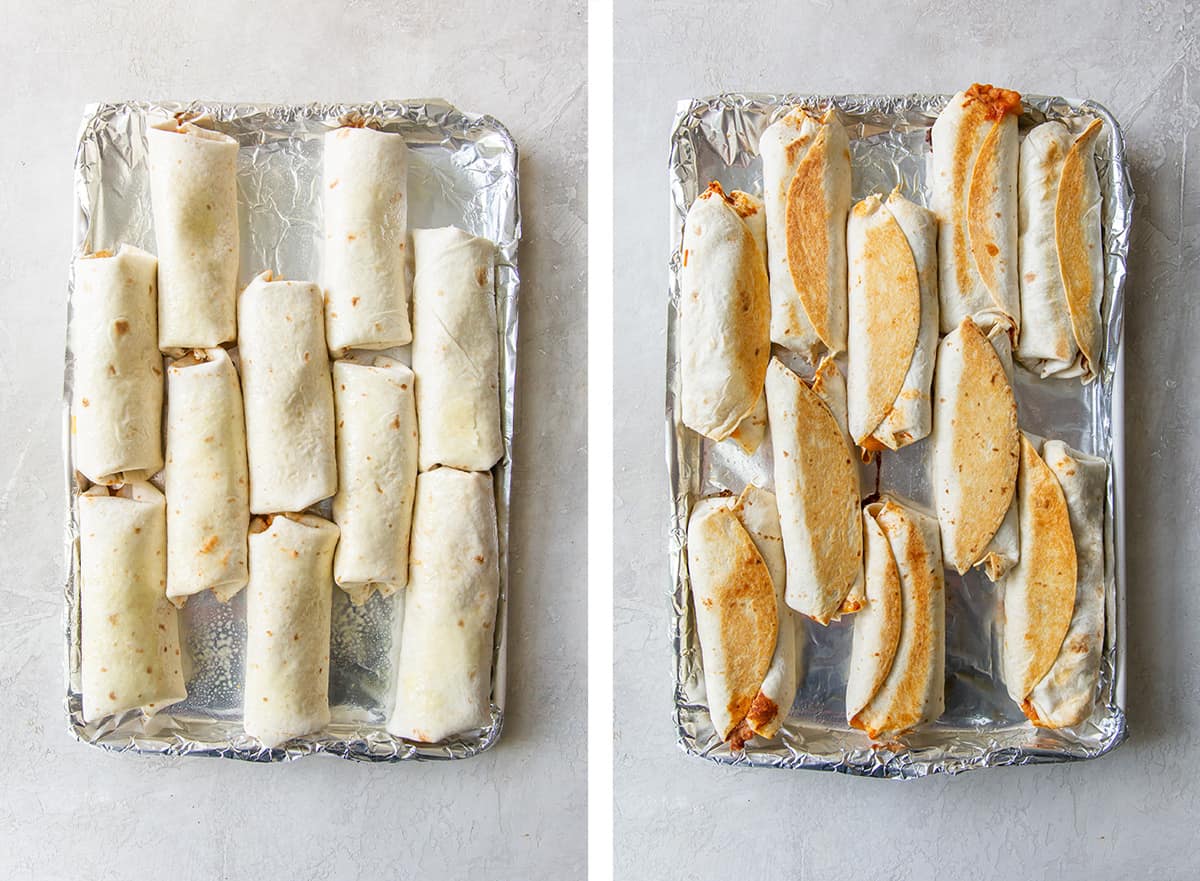 Two images showing unbaked and baked burritos on a foil lined baking sheet.