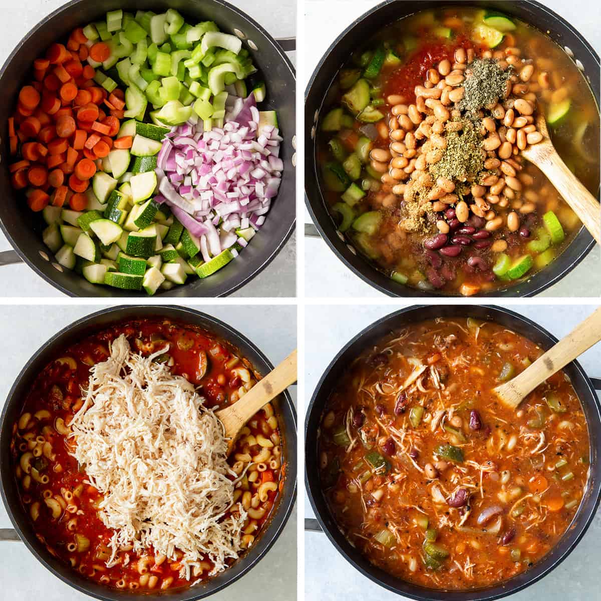 Four images of minestrone soup with chicken being cooked in a pot.