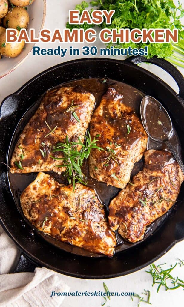 Chicken in balsamic sauce topped with sprigs of rosemary in a cast iron skillet with text.