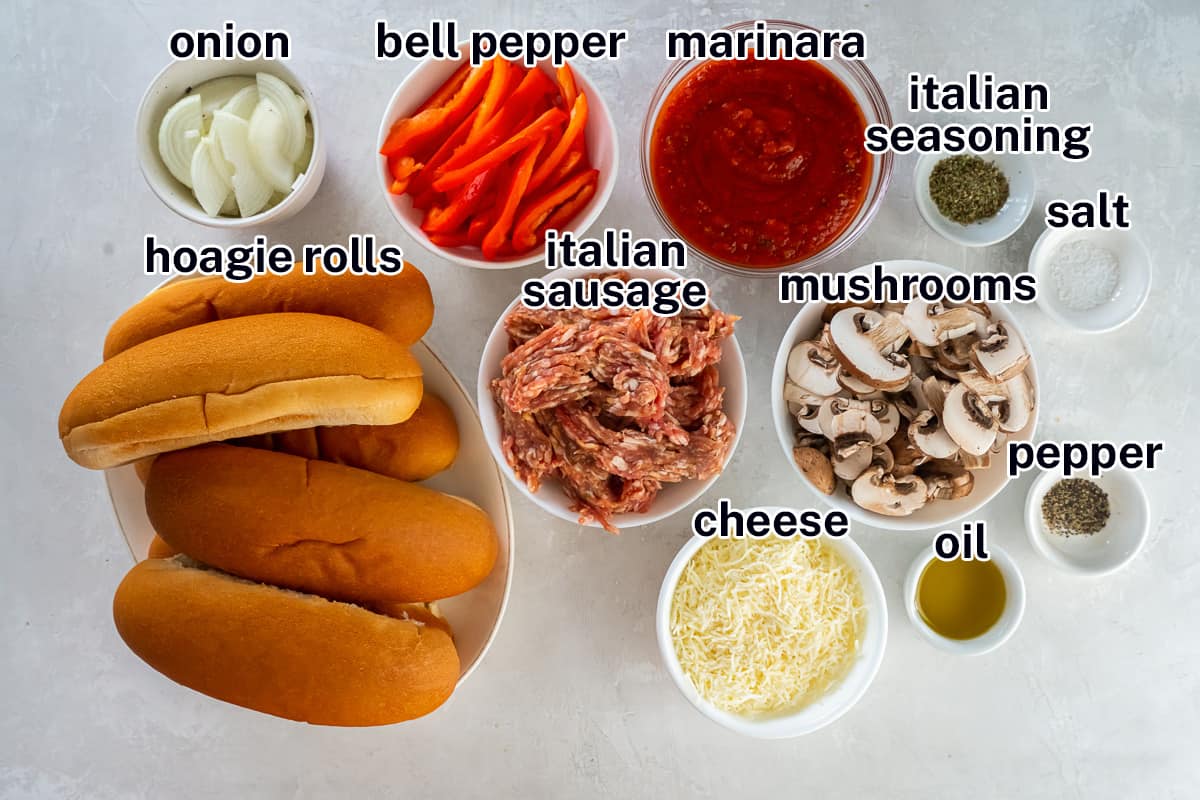 Italian sausage, hoagie rolls, cheese and other ingredients with text.