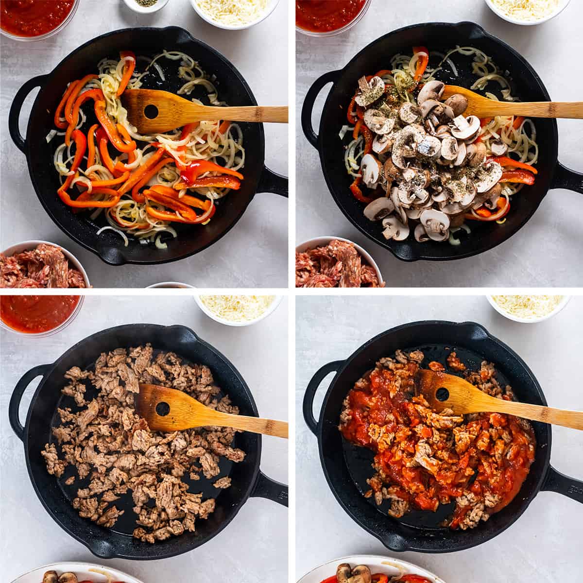 Vier Bilder von Paprika, Zwiebeln und Pilzen und gemahlener italienischer Wurst mit Marinara-Sauce, die in einer gusseisernen Pfanne gekocht werden.
