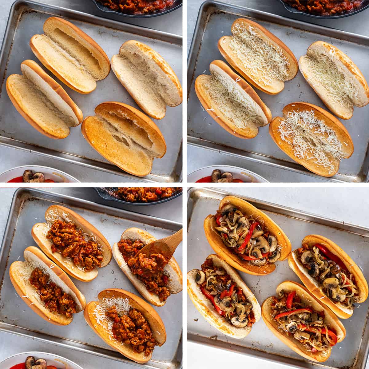 Four images showing cheese, Italian sausage, peppers, onions, and mushrooms being layered in toasted hoagie rolls.