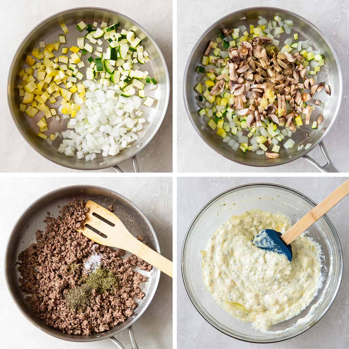 Four images that show onions, squash, mushrooms, and ground beef cooking in a skillet and a ricotta cheese and egg mixture being stirred in a glass mixing bowl.