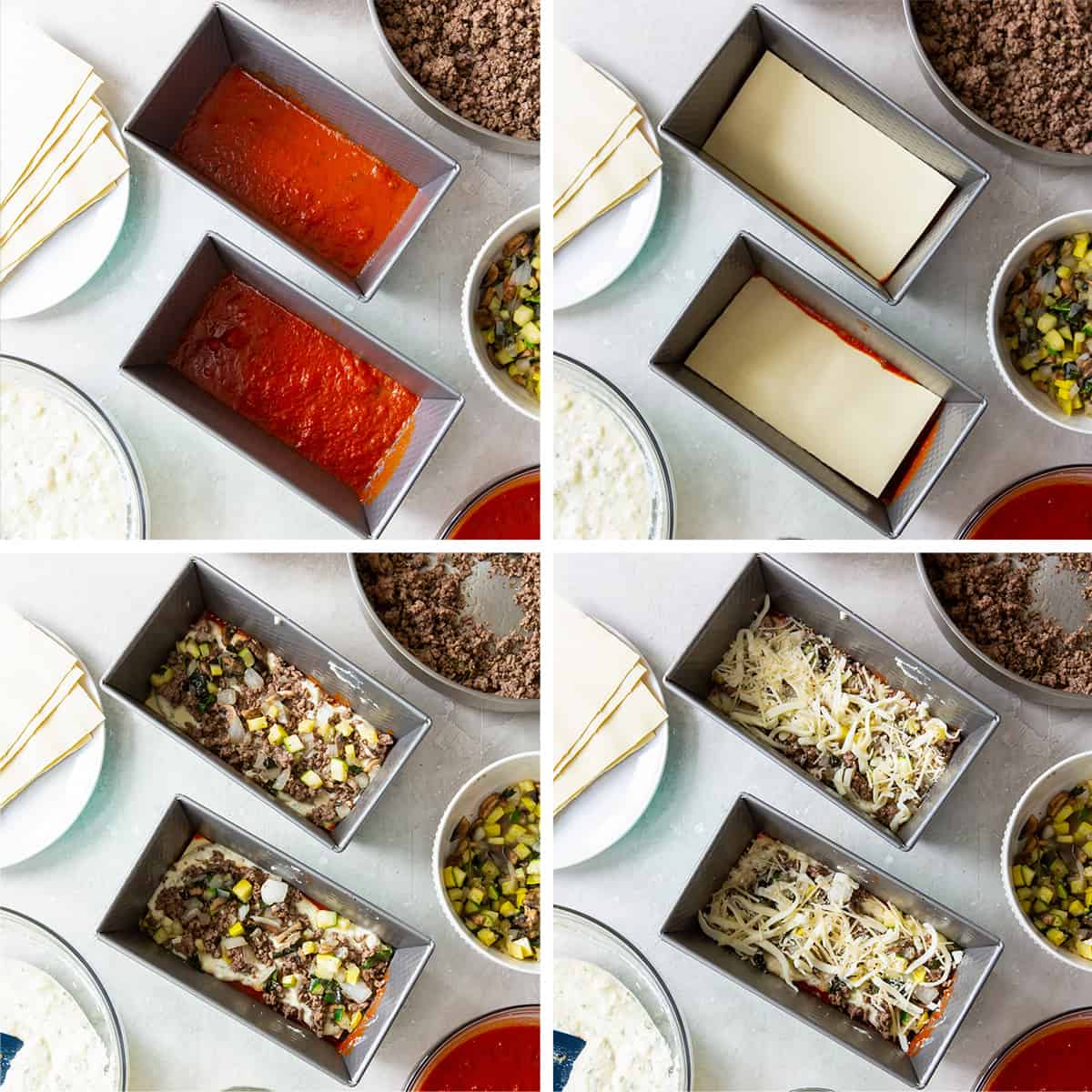 Four images showing lasagna being assembled in two loaf pans.