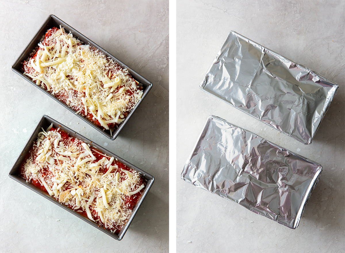 Two loaf pan lasagnas after being assembled and the loaf pans covered with foil.