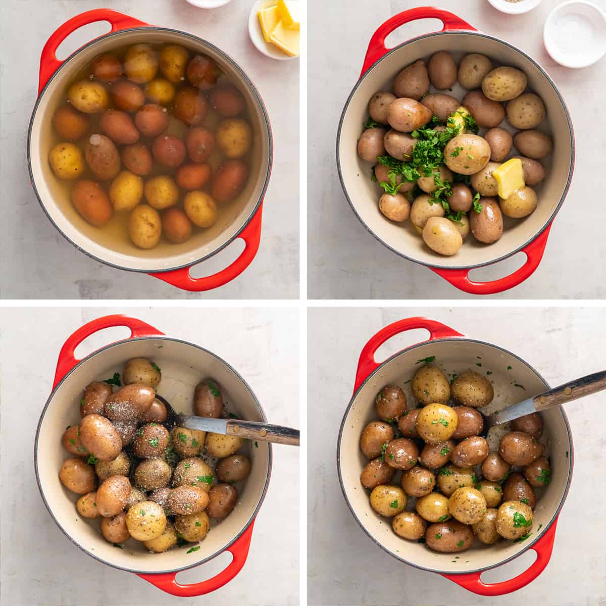 Potatoes in broth in a Dutch oven then tossed with butter, parsley, and seasoning.