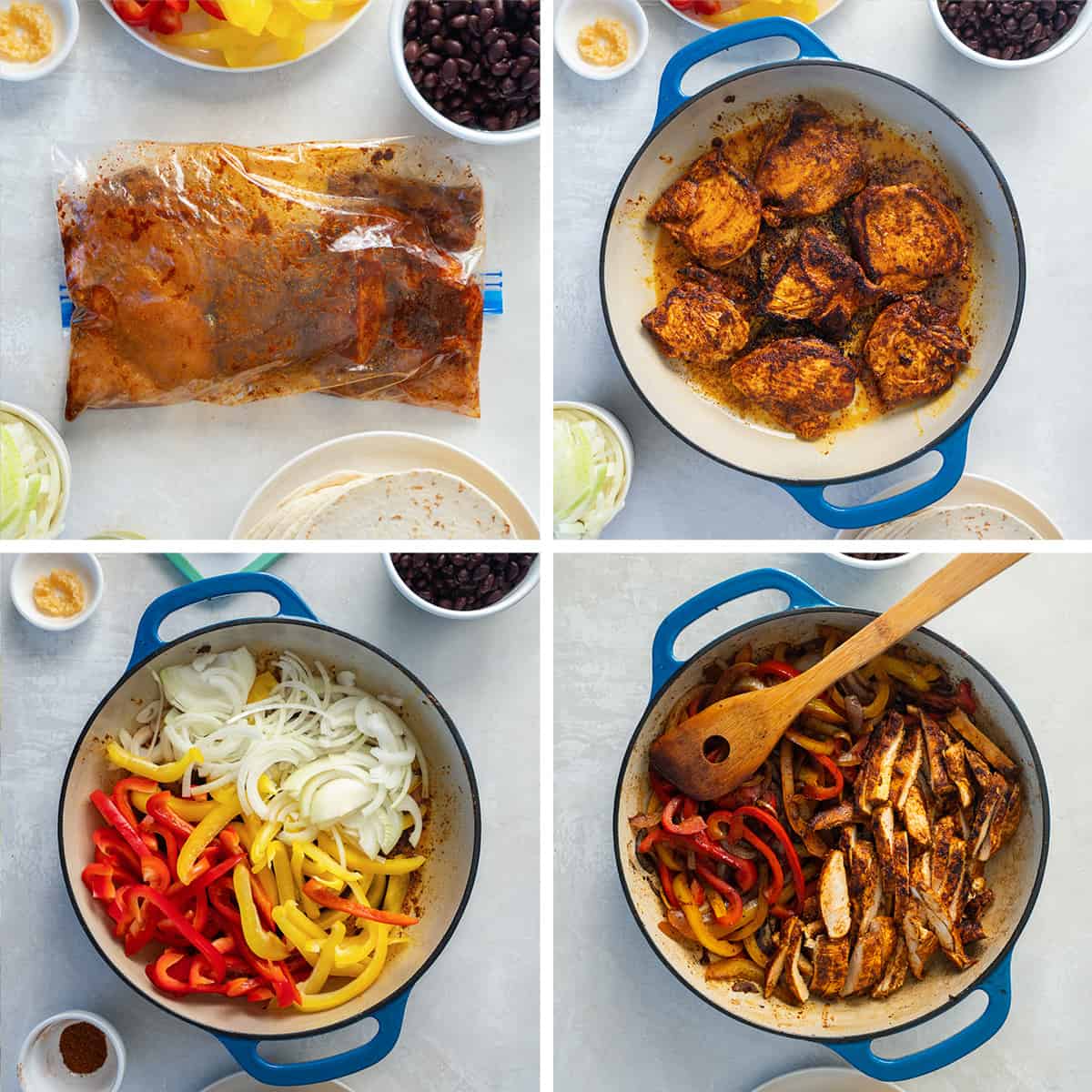Four images of chicken marinating in a plastic storage bag, cooking in a skillet and with bell peppers and onions in a skillet.