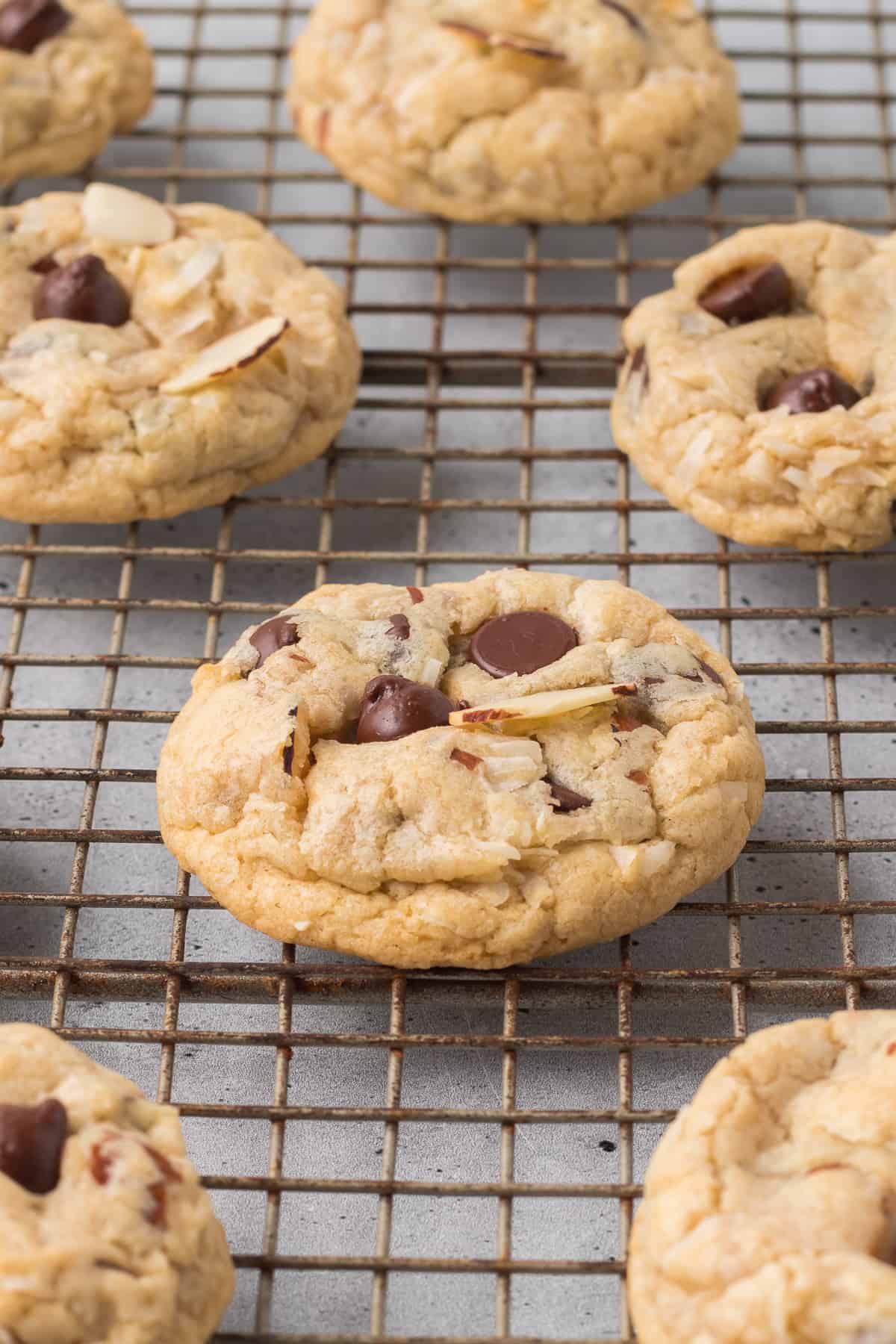 Almond Joy Cookies cooling on a wire rack.