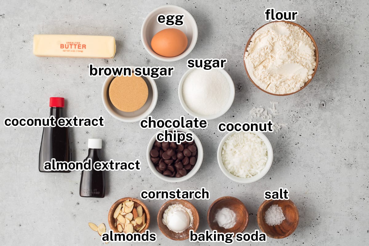 Flour, sugar, and other ingredients in bowls with text.