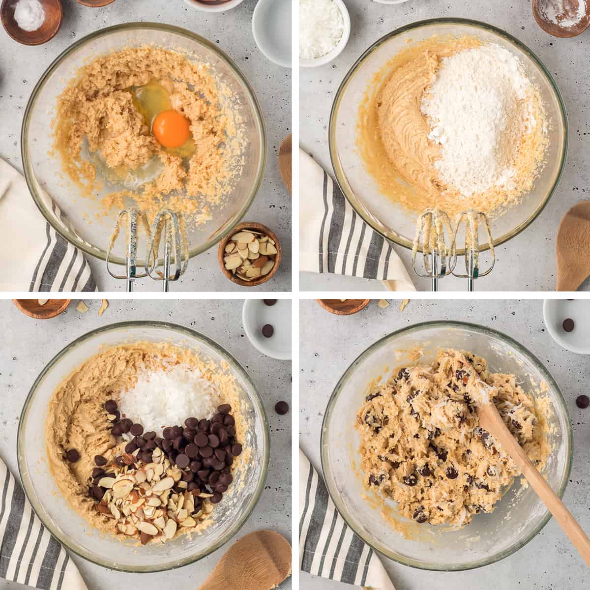 Four pictures showing cookie dough being made in a large glass mixing bowl.