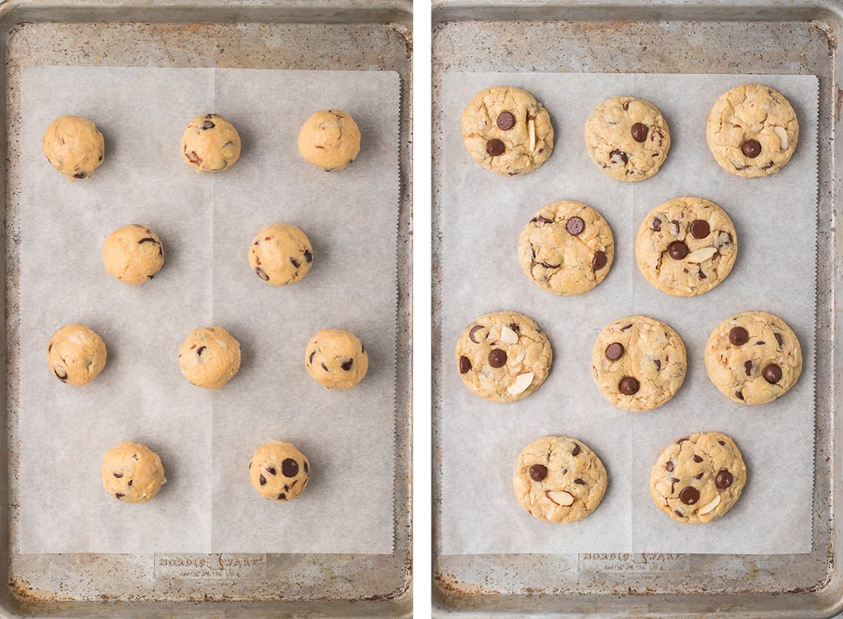 Two images showing cookie dough balls on a parchment paper lined baking sheet and the same cookies after they are baked.