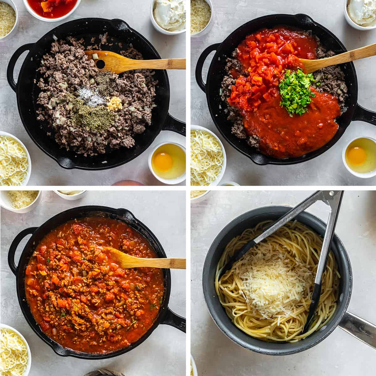 Four images of meat sauce being made in a cast iron skillet and spaghetti with Parmesan in a pot.