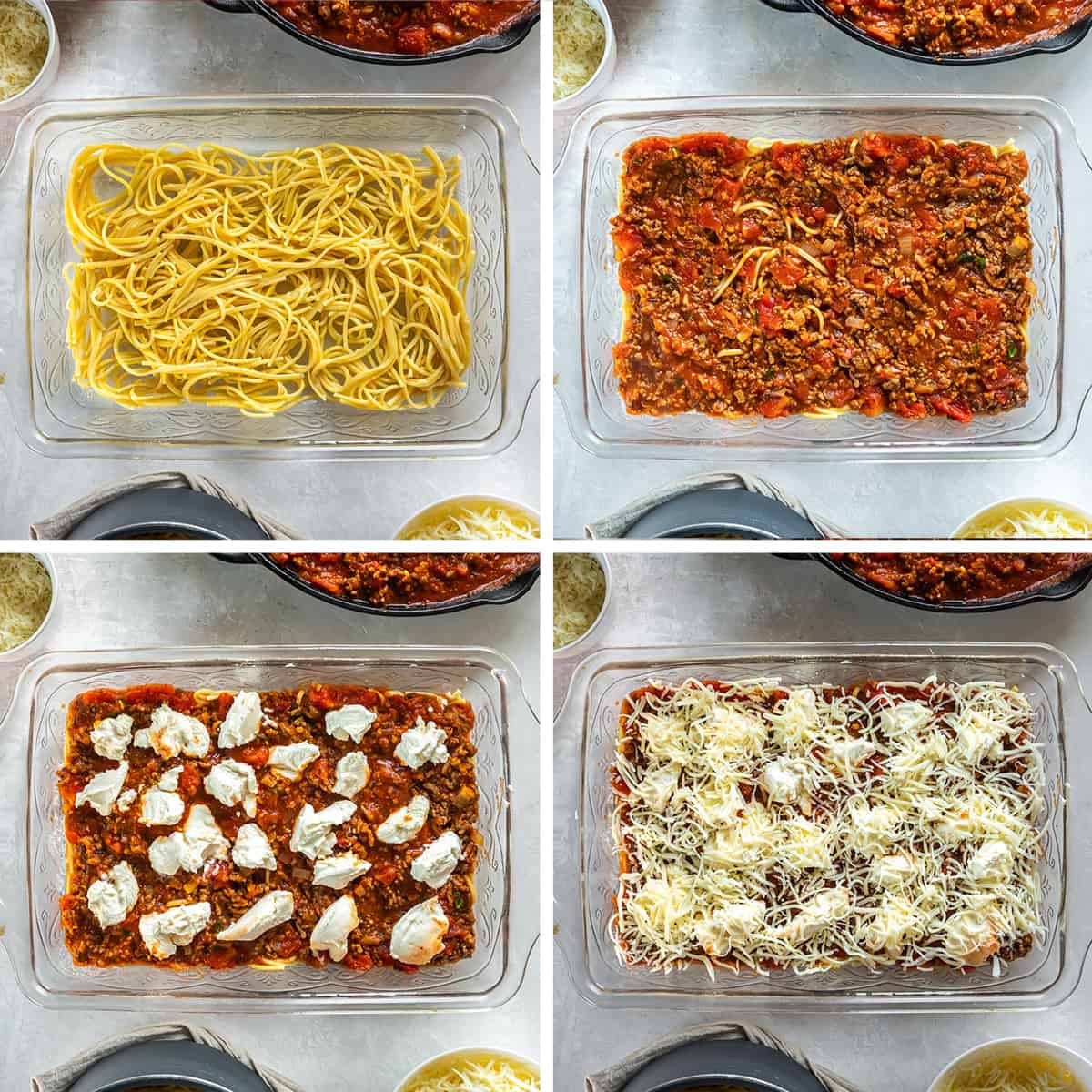 Four images showing spaghetti with sauce and cheese in a casserole dish.