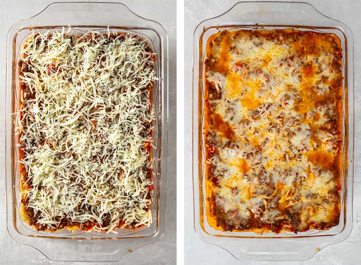 Two images of spaghetti in a casserole dish before and after baking.