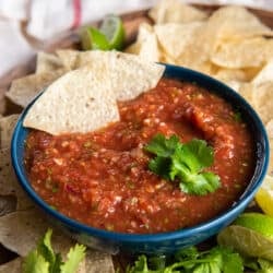 Two tortilla chips resting in a bowl of salsa on a platter with cilantro and more chips.