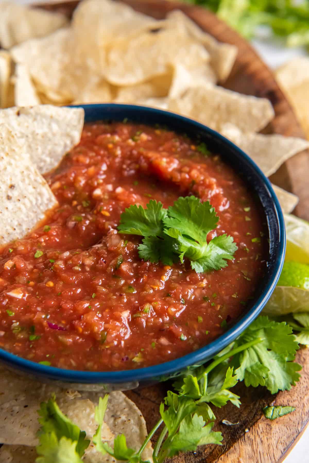 Salsa in a bowl with tortilla chips and cilantro around it.