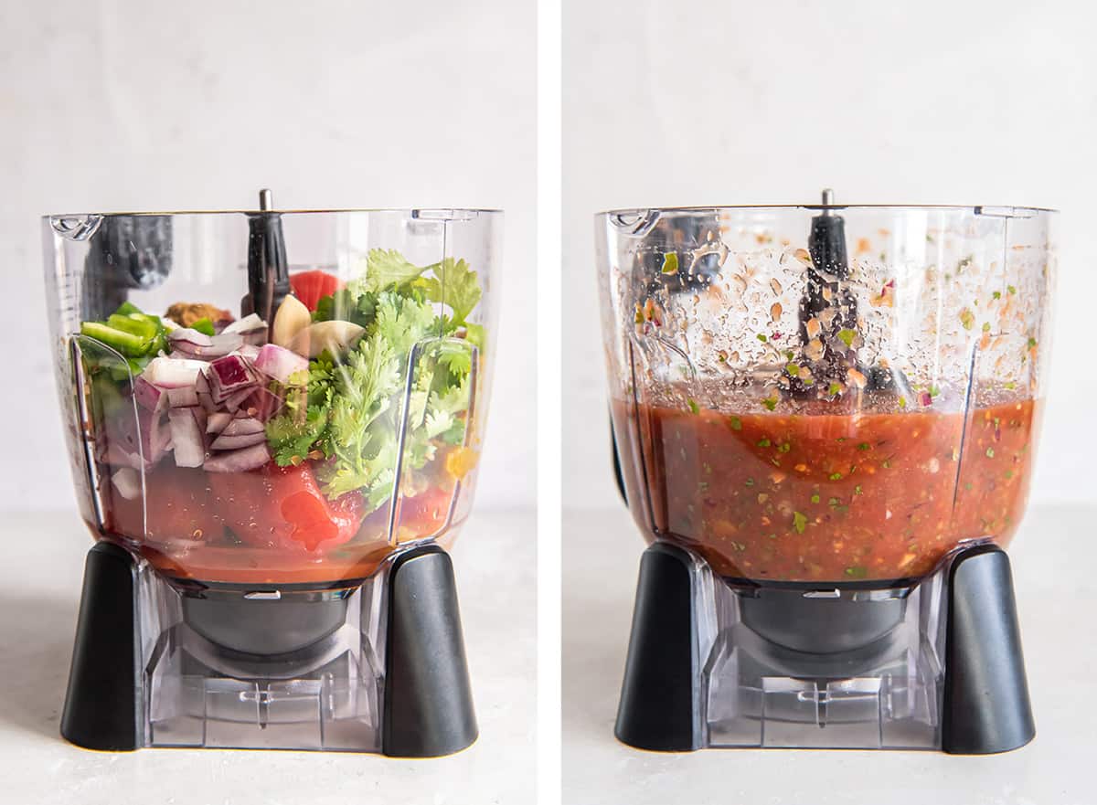 Canned tomatoes and other ingredients in a blender before and after being blended into salsa.