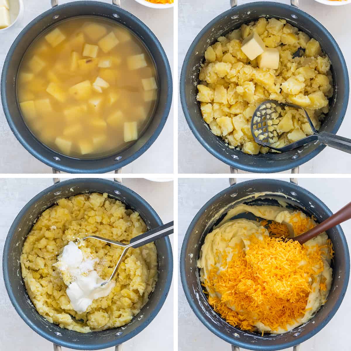 Four images of chopped potatoes in a pot with liquid then being mashed with sour cream and cheese.
