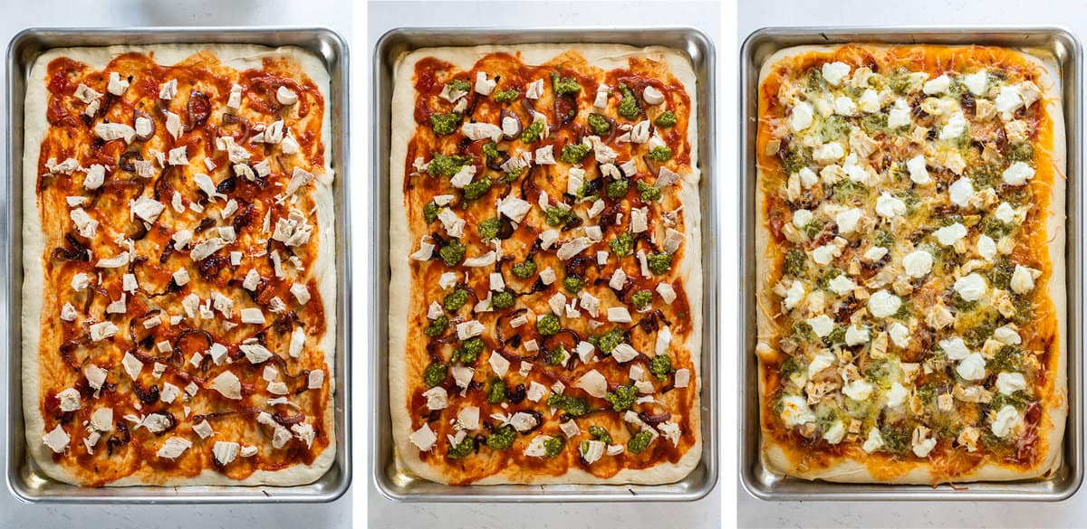 Three images of a pizza ingredients added to a pizza crust on a baking sheet.