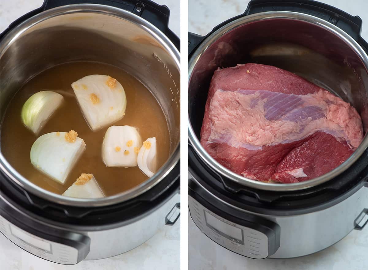 Two images of broth, beer, and onions in an Instant Pot then a corned beef is added.