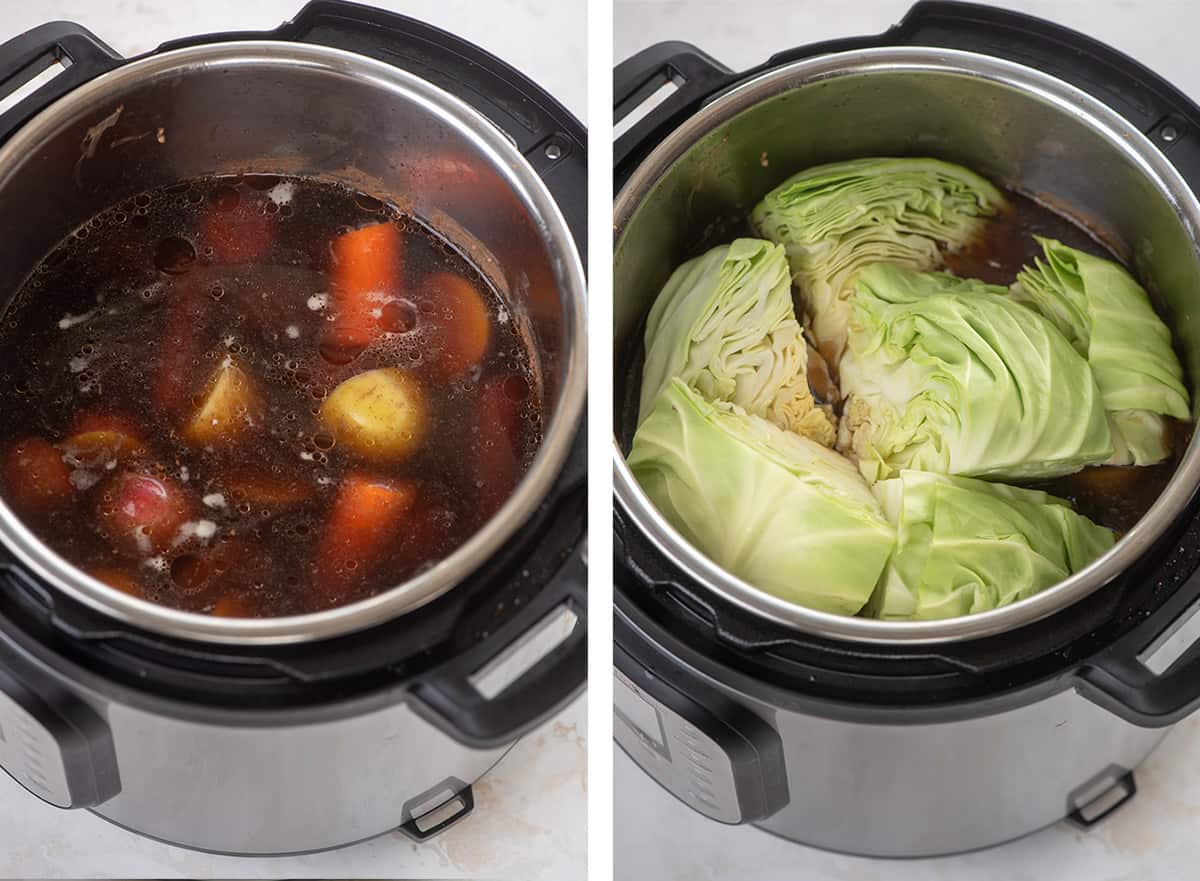 Two images of potatoes and carrots and chunks of cabbage in an Instant Pot.