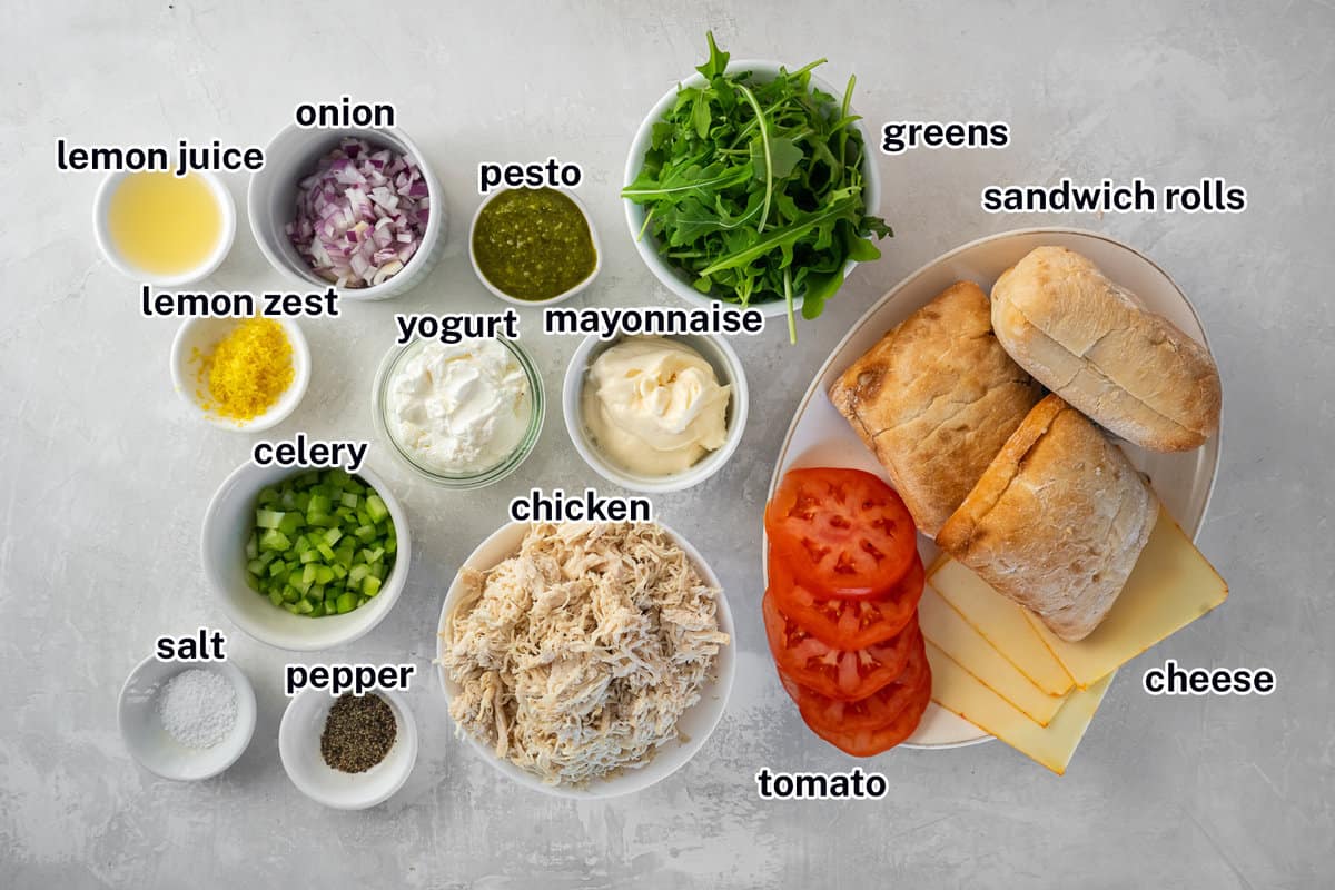 Shredded chicken, pesto, and other ingredients in bowls with text.