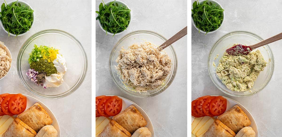 Three images of chicken, pesto, and other ingredients in a mixing bowl with a spoon.