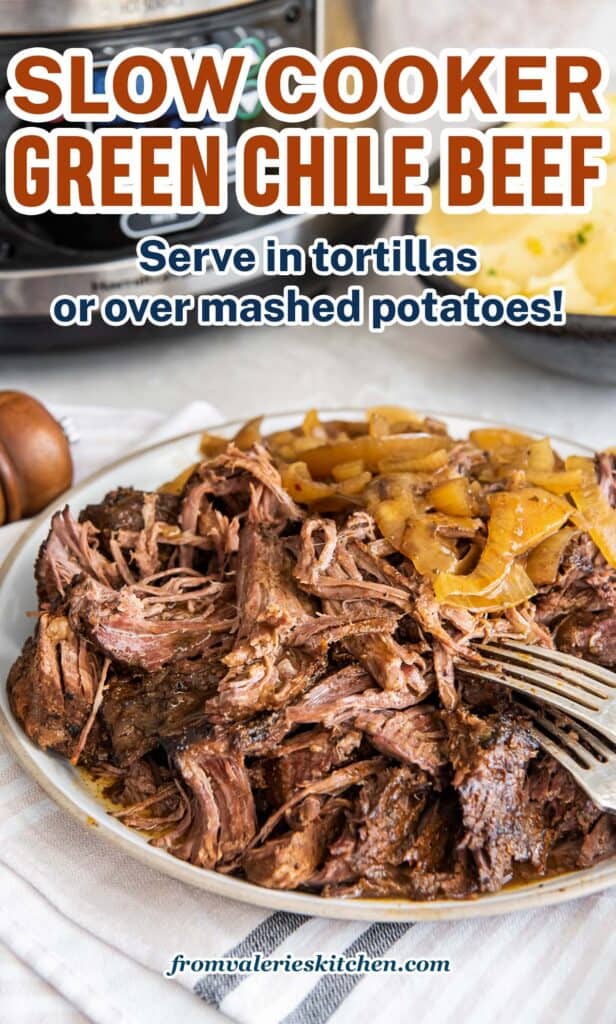 Shredded green chile beef with onions on a plate in front of a slow cooker with text.