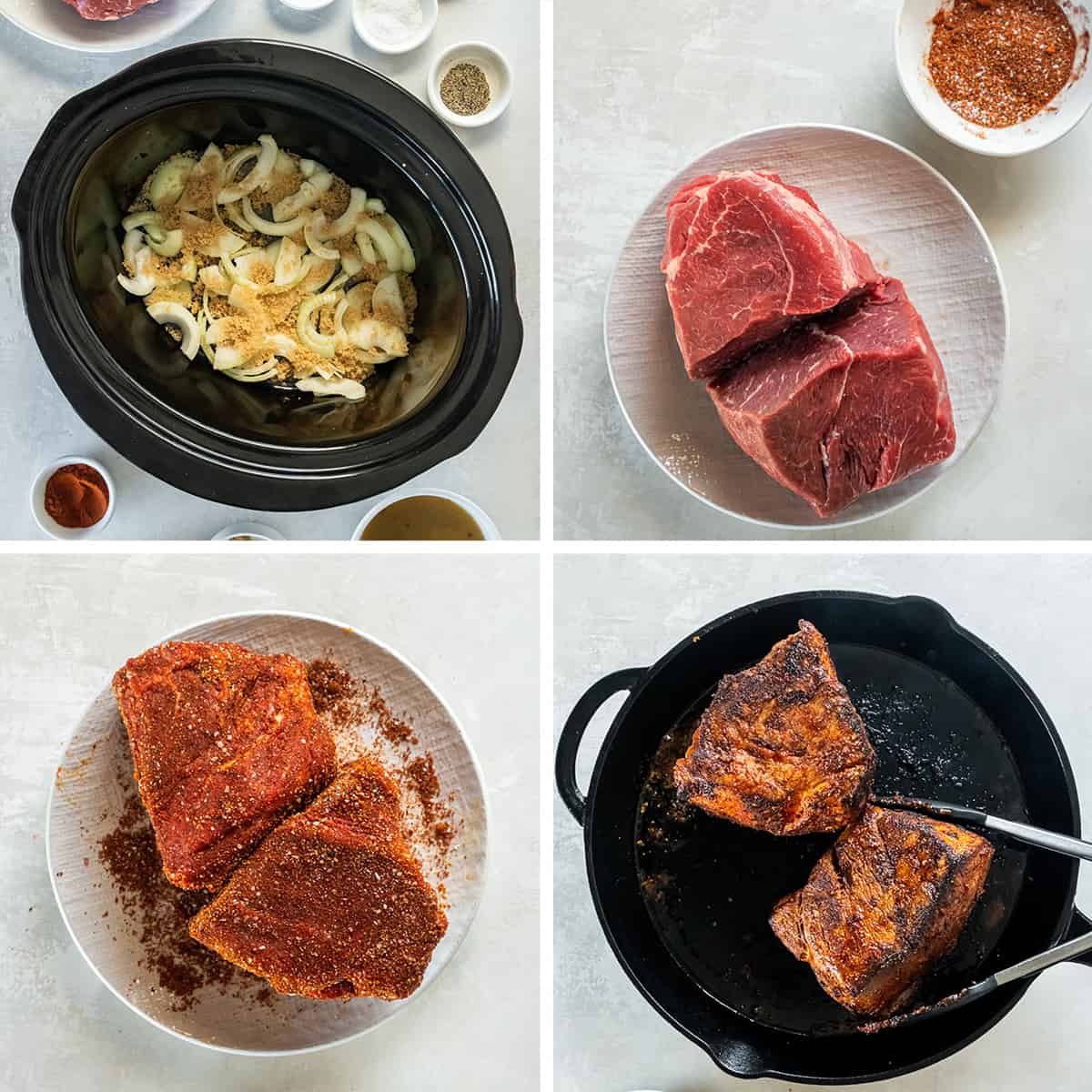 Four images of onions in a slow cooker and seasoned beef being seared in a skillet.
