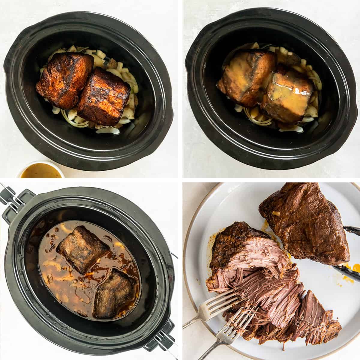 Four images of beef, onions, and green chile enchilada sauce in a slow cooker and forks shredding beef on a white plate.