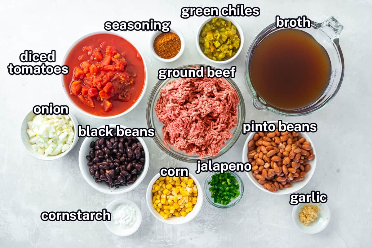 Minced meat, tomato, broth and other ingredients with text.