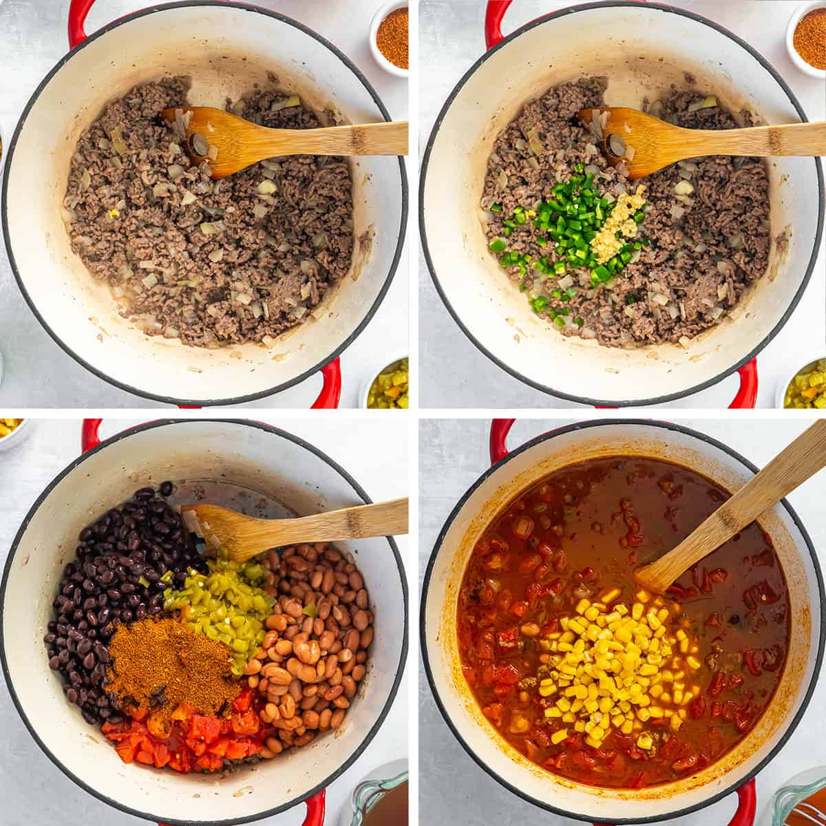Four images of ground beef being cooked in a pot with other ingredients to make taco soup.