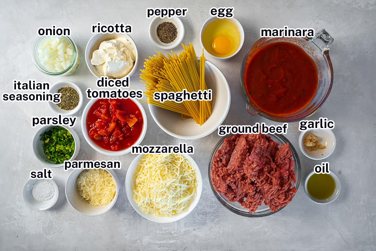 Ground beef, marinara, spaghetti and other ingredients in bowls with text.