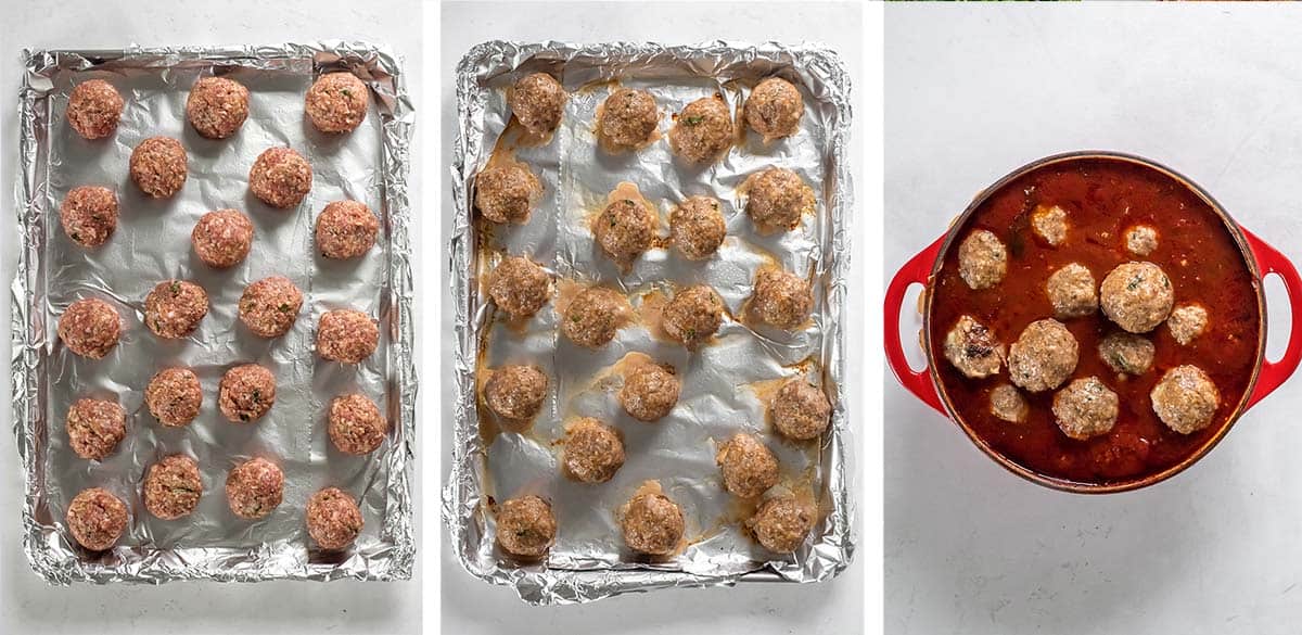 Meatballs on a foil lined sheet and in a pot of spaghetti sauce.
