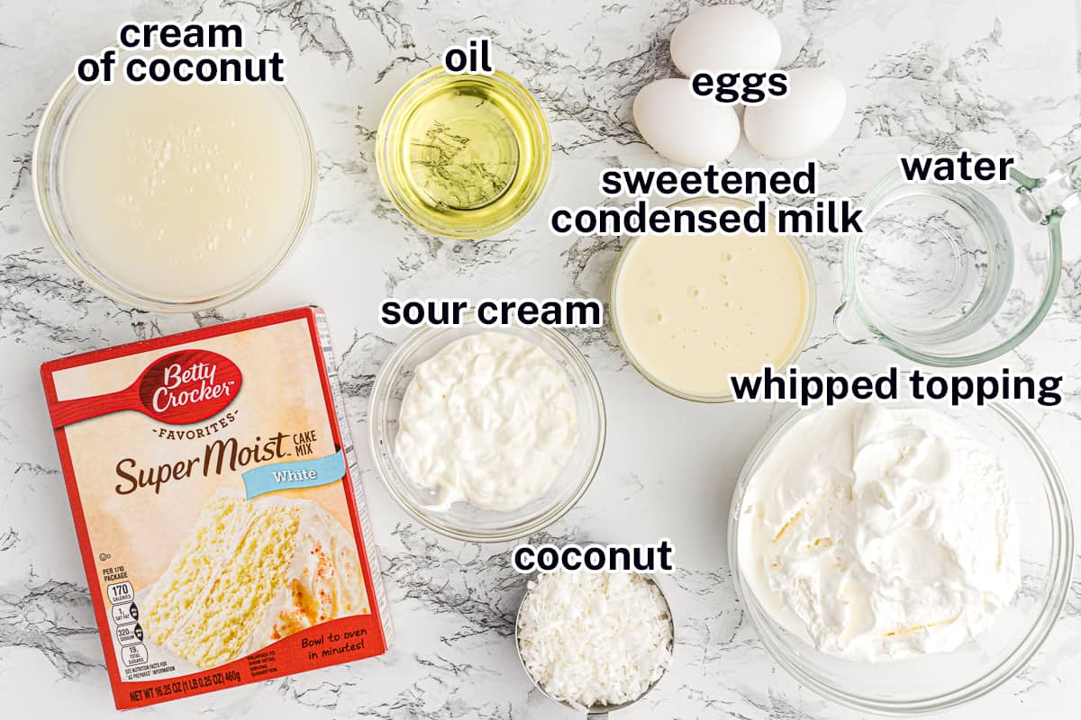 White cake mix, cream of coconut, and other ingredients with text.