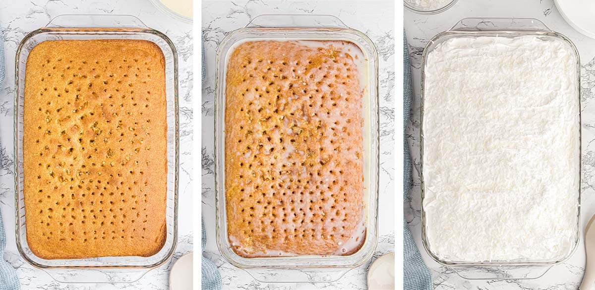 Three images of a cake with holes poked in it, a cream mixture poured over, and frosted with whipped topping and shredded coconut.