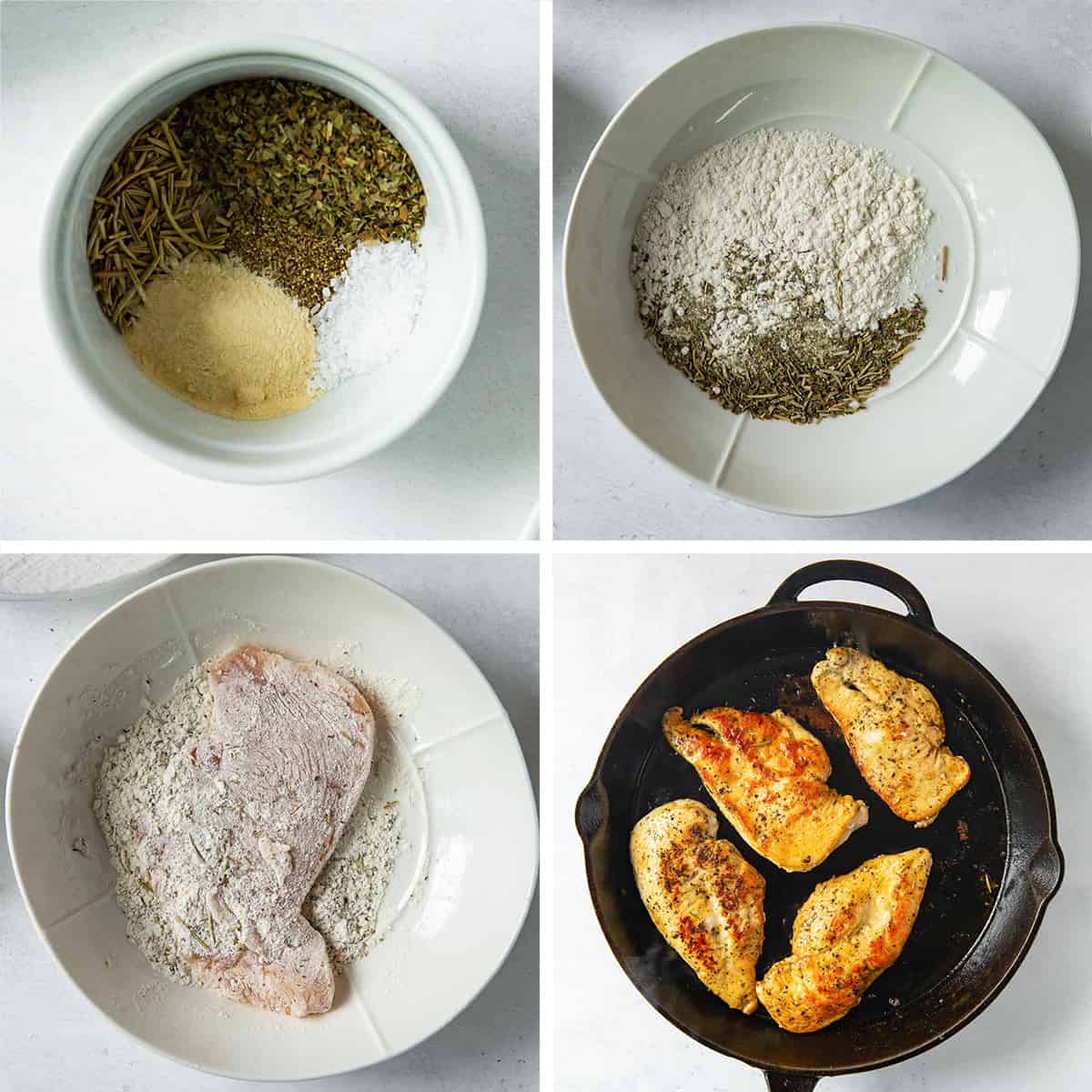 Seasonings and flour in a bowl and chicken cooking in a skillet.