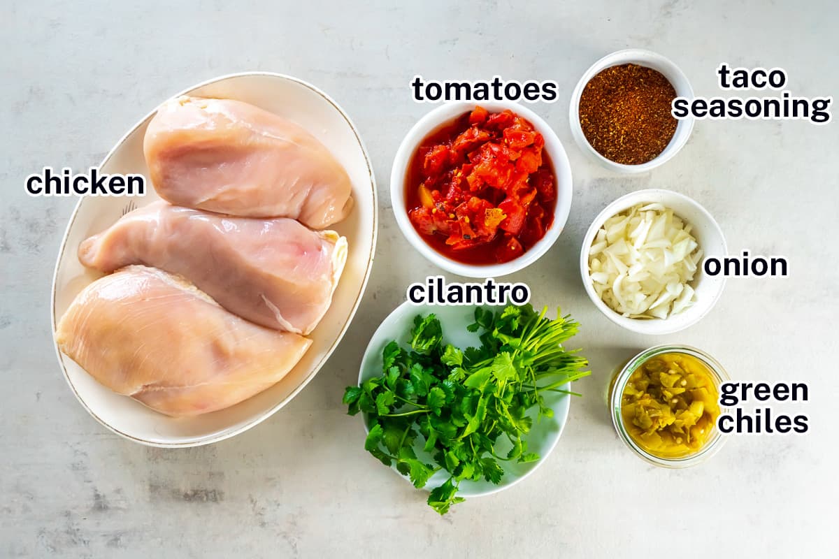 Chicken, tomatoes, and other ingredients in bowls with text.