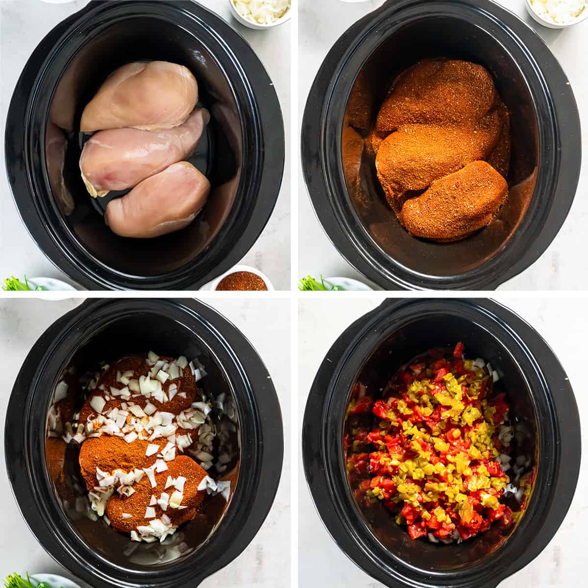 Four images of chicken with seasoning, onions, tomatoes and green chiles in a crock-pot.