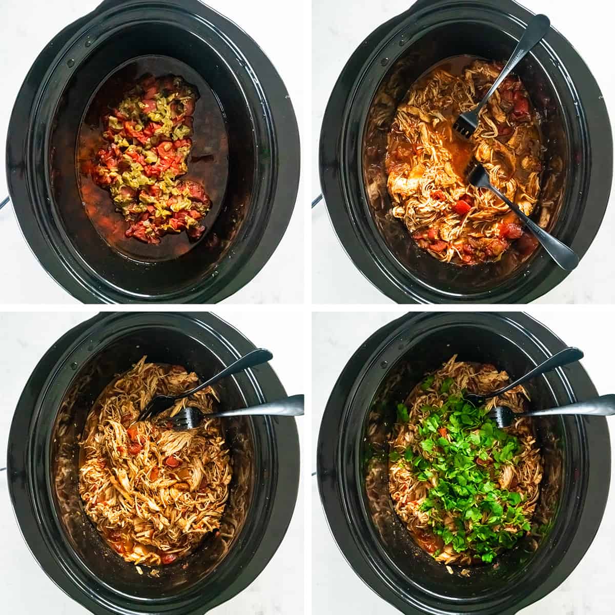 Four images of forks shredding cooked chicken in a crock pot and cilantro on top.