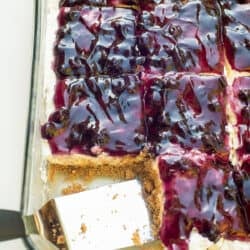 A spatula in a dish of blueberry cheesecake dessert.