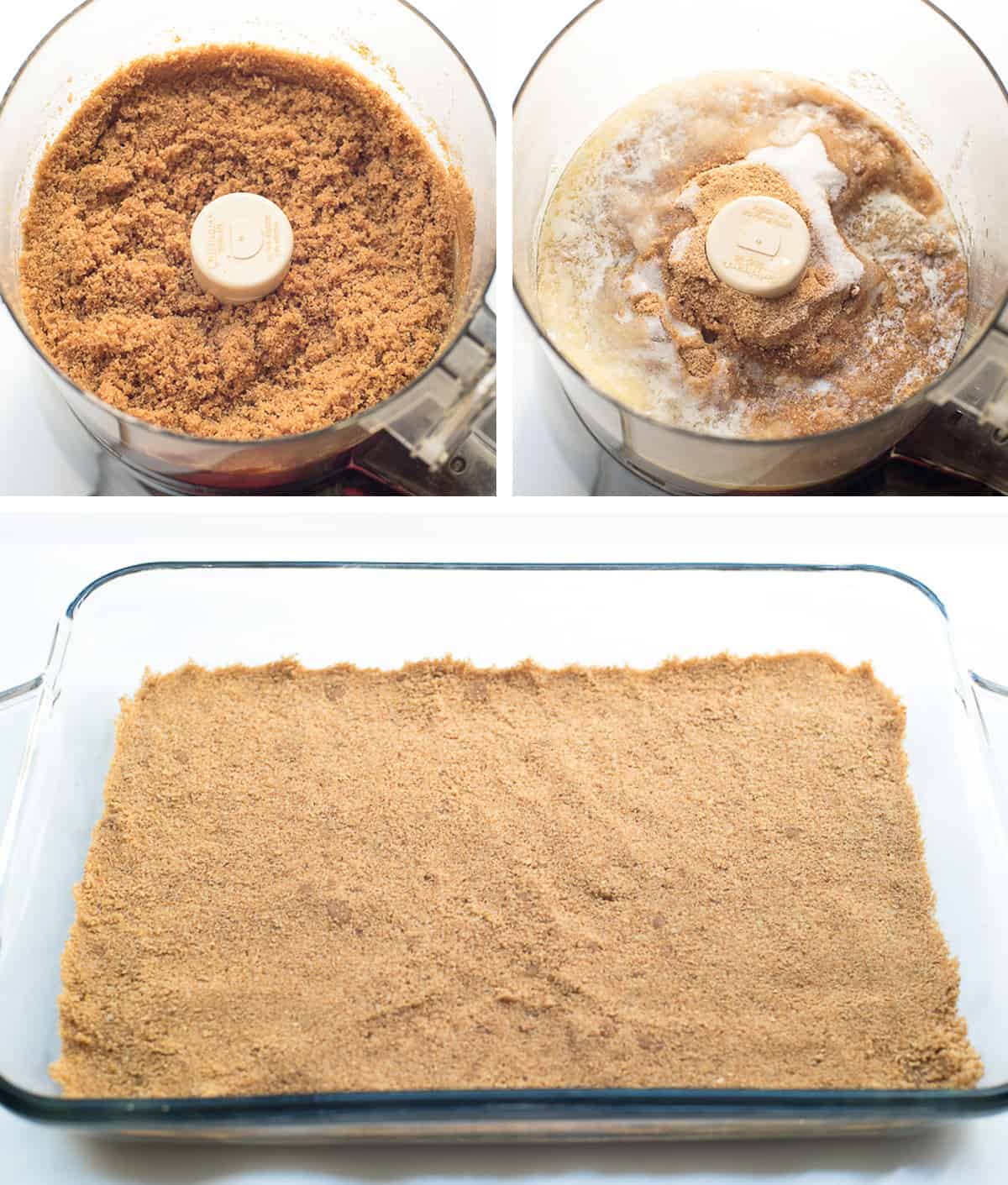 Three images of graham cracker crust in a food processor and pressed in a baking dish.