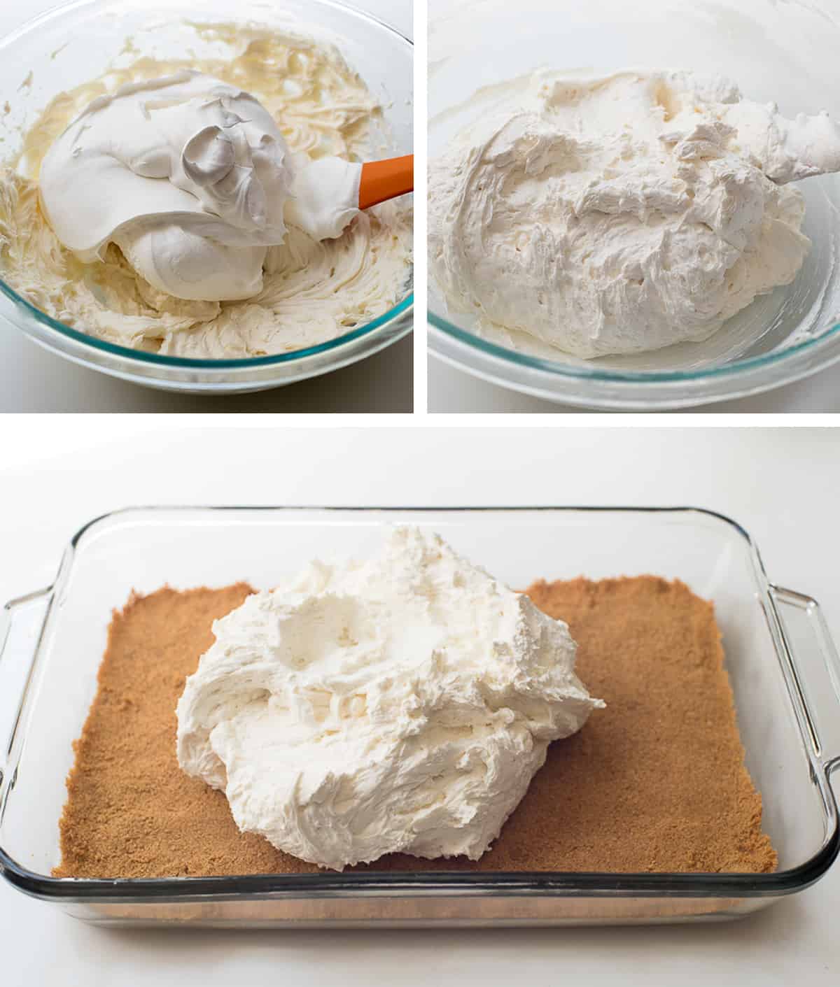 Three images of cream cheese filling in a bowl and on top of a graham cracker crust in a baking dish.