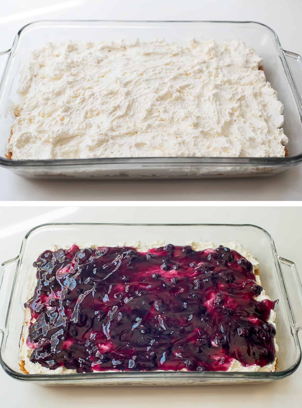 Two images of cream cheese filling in a baking dish and then topped with blueberry pie filling.