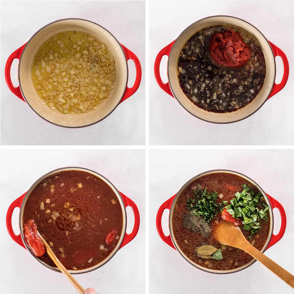 Four images of ingredients for homemade spaghetti sauce being combined in a Dutch oven.