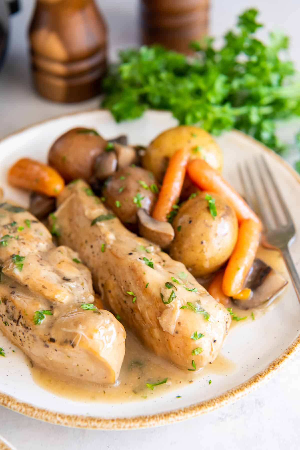 Two pieces of chicken on a plate with carrots, potatoes and covered with gravy.