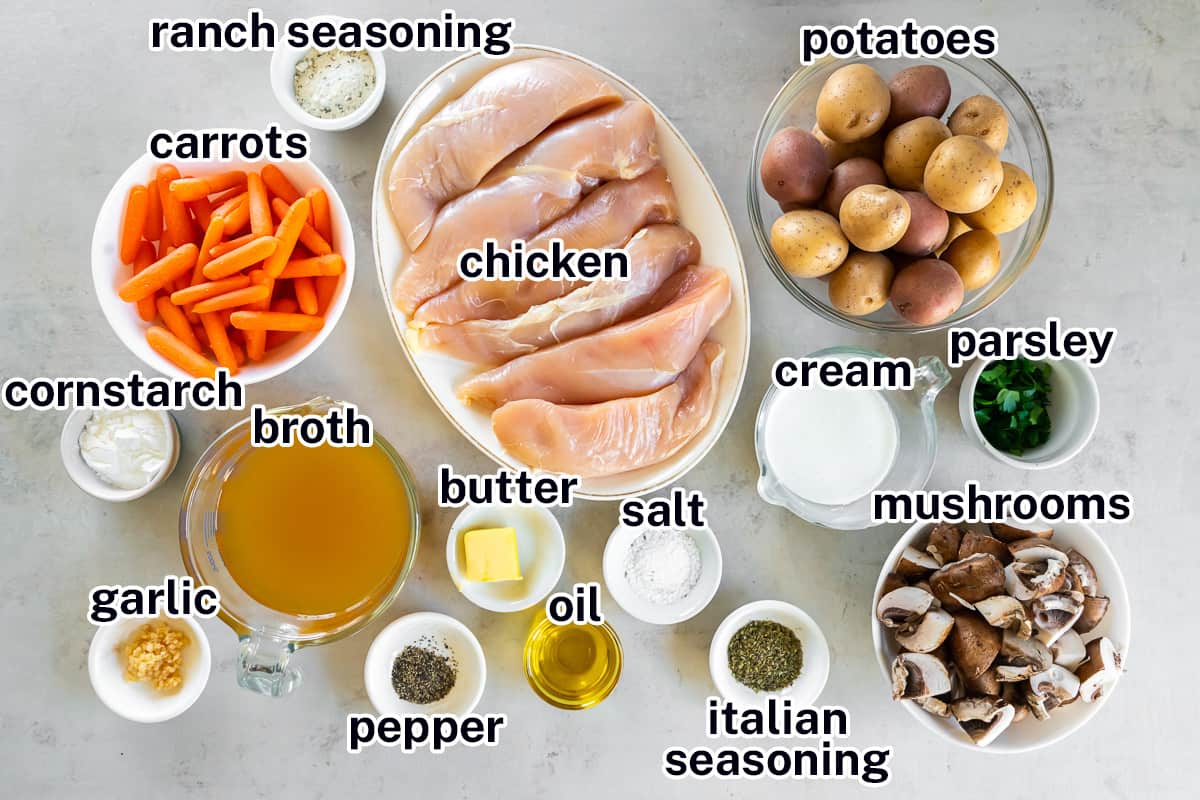 Chicken, potatoes, carrots, dry ranch spice and other ingredients in bowls with text.