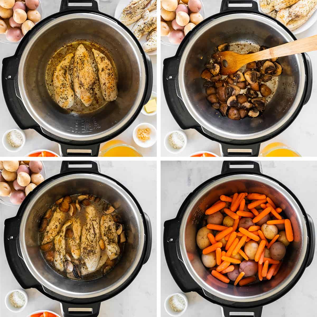 Chicken, mushrooms, carrots and potatoes in an Instant Pot.