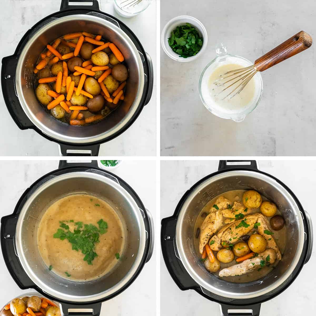 Gravy is made in an Instant Pot and chicken and vegetables are placed in it.